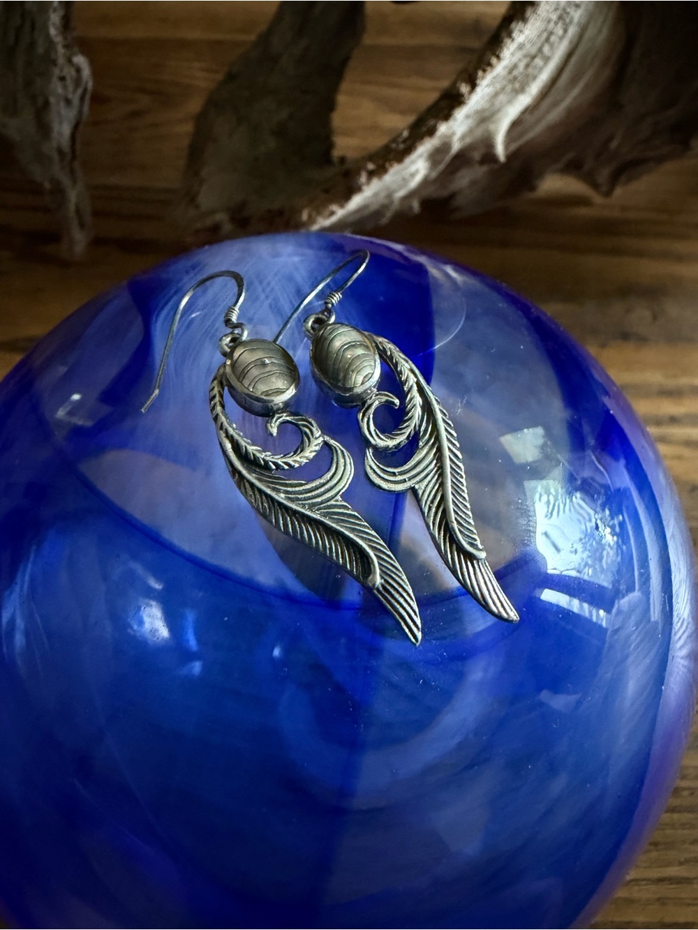 Sterling Silver Feather Drop Earrings With Abalone Shell Accent